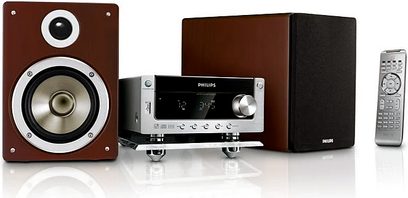 Philips MCM770 Hi-Fi mini-anlæg bestående af et par træhøjtalere, en forstærker-tuner med skærm og CD-afspiller samt en fjernbetjening