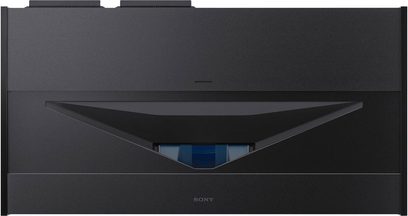 Sony VPL-VZ1000ES sort videoprojektor, set forfra, med rektangulært lærred foldet ud foran, linsen i midten
