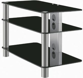 Sort Vogel's DFP88 audio-/videomøbel med 3 glashylder og 2 aluminiumssøjler, set fra 3/4 vinkel forfra