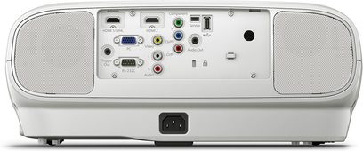 Epson EH-TW6600W hvid videoprojektor, set forfra, bagfra med tilslutninger, indbyggede højttalere, centreret linse