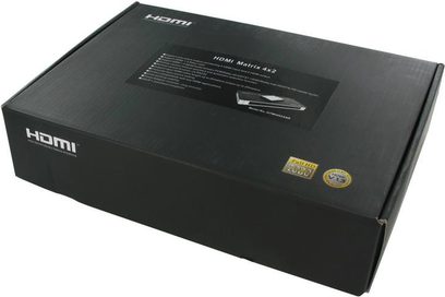 HDMI-switch og -splitter Connect Research CBH4002 sort, set oppefra, med logo og tekniske specifikationer trykt