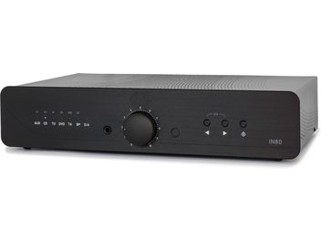 Atoll Electronique IN80 Signature schwarzer Stereo-Hi-Fi-Verstärker, Frontblende mit Tasten, Drehregler, Display, Kopfhörerbuchse, Frontansicht auf weißem Hintergrund