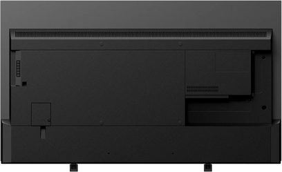 Panasonic TX-48JZ1000E TV, set forfra, slukket skærm, stik på bagsiden, sorte støtteben