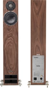 Kabelloser, verbundener Aktivlautsprecher Active twenty5.23i, Front- und Rückansicht, Holzfinish, 2 Lautsprecher, Bassreflex-Öffnung, rückseitige Anschlüsse