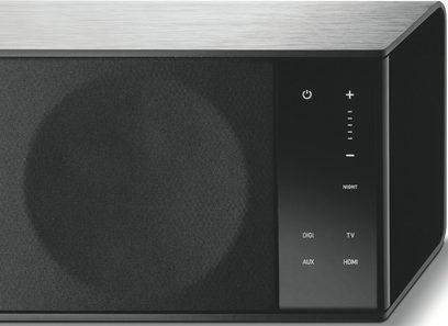 Barre de son Focal Dimension noire, vue de face, avec grille acoustique noire, boutons tactiles et ports de connexion