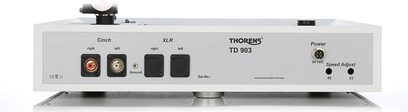 Aukštos kokybės „Thorens TD 903" baltas vinilo grotuvas, vaizdas iš priekio, jungtys gale, mygtukai ir reguliavimo rankenėlė viršuje
