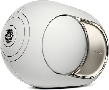 Devialet Phantom Ultimate 108 dB -älykaiutin, valkoinen soikea kotelo, metallinen insertti, oikeanpuoleinen profiilikuvaus