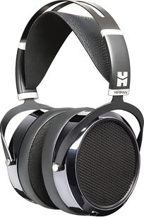 Hifiman HE6se hodetelefoner, store drivere og metallgitter, svart og sølvfarget hodebøyle og skall, trekvartsvisning fra venstre