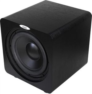 Velodyne Deep Blue 8 sort subwoofer, set forfra, kubisk form, cirkulær central højttaler, mat sort finish