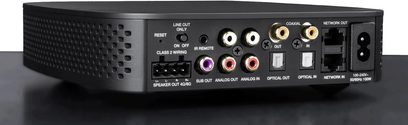 Ampli hi-fi stéréo VSSL A.1, face arrière noire, connecteurs audio et réseau, interrupteurs et voyants lumineux