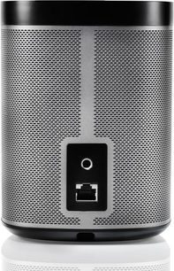 Enceinte Sonos Play 1 noir, vue de face, grille métallique perforée, bouton carré avec icône de microphone au centre