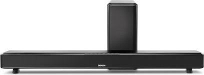 Soundbar Denon DHT-S514 nera vista frontale, subwoofer verticale, griglia metallica