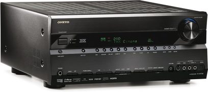 Onkyo TX-SR706 sort hjemmebiografsforstærker, frontpanel, frontvisning, grønt display, mange knapper og stik