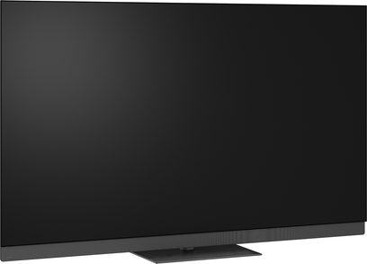 Televisor de alta definición Panasonic TV-77Z95B negro, pantalla grande de vidrio con marco fino, colocado sobre una base rectangular metálica, vista frontal ligeramente desde arriba