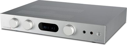 Integrerad stereoförstärkare Audiolab 6000A silver med rektangulär frontpanel, 3 runda knappar, central skärm och anslutningar