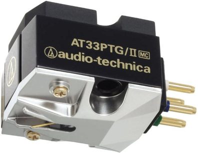 Audio-Technica AT33PTG/II MC pladespiller-pickup set forfra, sort krop, forgyldt nål og stik