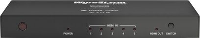 Wyrestorm SW-0501 HDMI-switch og -splitter med 5 indgange og 1 udgang, frontpanel med HDMI-porte og indikatorer, set forfra