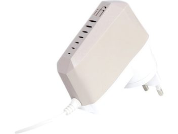 Multiprise iFi Audio iPower X 12V beige avec fiche secteur blanche et câble blanc, vue en angle