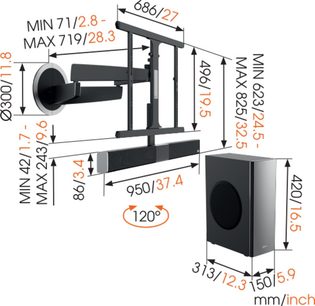 Sort vægbeslag til TV, set fra siden, med angivne dimensioner og rotationsvinkler, monteret på væggen