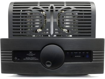 Buizen hi-fi versterker Synthesis Roma 96DC+ alu zwart, vooraanzicht, twee zichtbare buizen, knoppen en aansluitingen op de voorkant