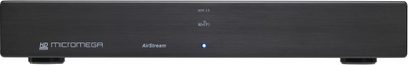 Micromega WM-10 sort netværksaudioafspiller, frontpanel med LCD-skærm, knapper og stik, forfra set på sort baggrund