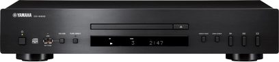 Lettore CD Yamaha CD-S303 nero, vista frontale, facciata nera opaca con display, pulsanti e vassoio CD, 2 piedini rotondi