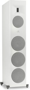 Motion XT F200 zuil luidspreker mat wit met vier ronde grijze roosters en een rechthoekige tweeter bovenaan.