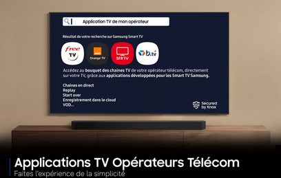 Samsung TQ77S92H 2026-tv, der viser tv-appene Free, Orange, SFR og B.tv på mørk baggrund