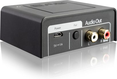 Bezdrátový audio vysílač SVS Soundpath Multi-Band v černé barvě, přední pohled s portem micro USB a stereo RCA výstupy L R