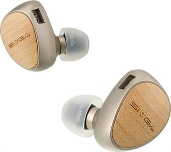 Sivga Que in-ear-oordopjes, champagnegrijze behuizingen, lichtbeige geaderde frontjes en doorschijnende oortips