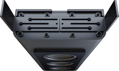 Zabudovateľný subwoofer Perlisten D3is čierny, kovové šasi s lištami a skrutkami, tri woofery, pohľad zospodu