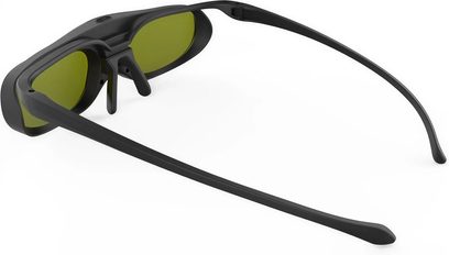 Black XGIMI 3D glasses with green-tinted lenses, three-quarter view with thin temples
