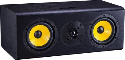 Sort Davis Acoustics Signature Center højttaler med to gule diskanthøjttalere og en diskant, set forfra