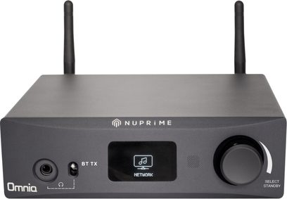 Ampli hi-fi stereo Nuprime Omnia WR-2 černý, pohled zepředu, s konektory pro síť, digitální a analogový zvuk