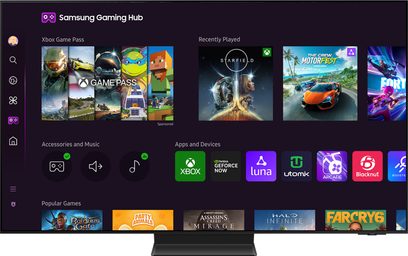 Samsung F-TQ77S95D-BF fjernsyn viser spilinterface, farverige ikoner, hvid tekst, sort baggrund, set forfra