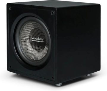 Velodyne VI-Q 10 sort subwoofer, kubeformet kabinet med frontmonteret metalmembran-højttaler set i trekvart profil