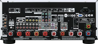 Onkyo TX-NR818 sort hjemmebiografsforstærker, bagside, top-view, mange lyd/video-stik og -tilslutninger
