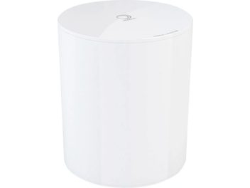 Subwoofer Elipson Planet Sub v bílé lesklé barvě, pohled shora, válcový tvar, hladký a lesklý povrch