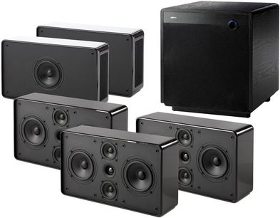 Sada kompaktních reproduktorů Jamo THX D 500PTX v černé barvě, 6 krychlových reproduktorů a 1 obdélníkový subwoofer, pohled zepředu