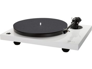 Giradischi Music Hall MMF 2.3 WH bianco, vista dall'alto, piatto nero opaco, braccio di lettura nero, telaio bianco