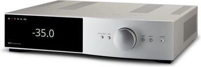 Preamplificator stereo Anthem STR argintiu, vedere frontală, afișaj digital "-35.0", butoane și conectori pe fațadă
