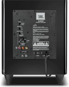 Bagkasse JBL SUB80P sort lakeret, bagside, tilslutninger og justeringer, logo og sikkerhedsadvarsler