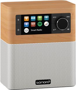 Radio Sonoro Stream клен - бял, преден изглед, екран с надпис "Smart Radio", бутони и колело на черен панел