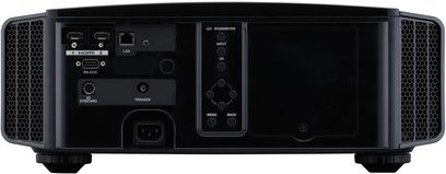 JVC DLA-X9000 sort videoprojektor, bagudvendt, HDMI-tilslutninger, LAN, 3D-synkronisering, trigger, menu, tilbage, ind-/udgange