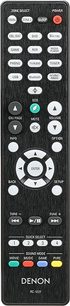 Sort Denon RC-1227 fjernbetjening med farvede knapper og LCD-skærm, set forfra på en ensfarvet sort baggrund