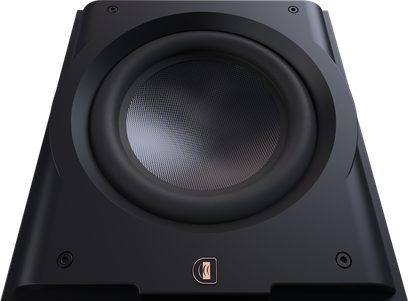 Преден изглед на нискочестотен касон Perlisten R12s, черна повърхност, кръгъл централно разположен високоговорител, дебела рамка, лого в долната част