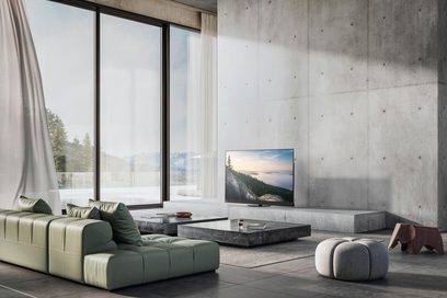 Panasonic TV-55Z90B high-definition television in matte black with a slim bezel, mounted on a central metal stand, front view at a slight angle