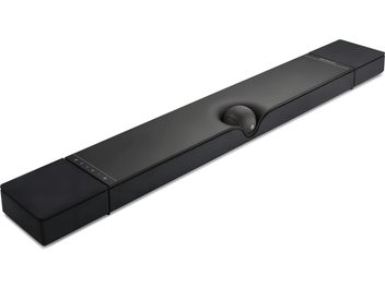 DEVIALET DIONE svart soundbar, ovanifrån vy, rektangulärt långsträckt formgivning, matt svart finish, sfärisk central högtalare