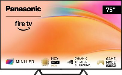 Panasonic TV-75W95BEG højopløsnings-tv i sort med tynd metalramme og 75-tommers fladskærm, monteret på et centralt stativ med to skråben, set forfra