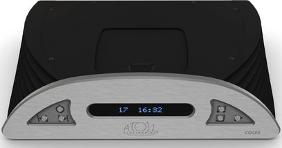 Atoll Elektronik CD400 CD-afspiller sølv, frontvisning, blå display "17 16:32", sølvfarvet front og bakke